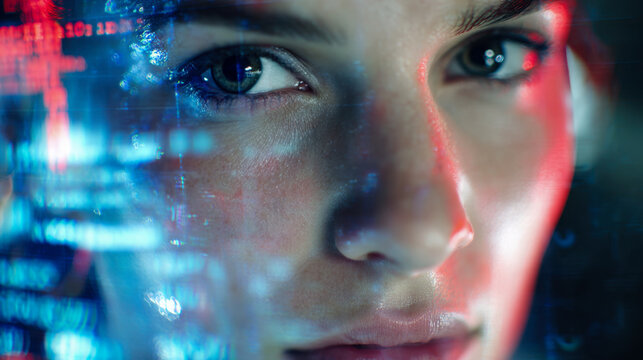 Close-up of a woman's face reflecting colorful digital data and code, symbolizing futuristic technology, cybersecurity, and artificial intelligence concepts
