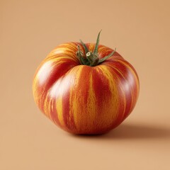 Vibrant red and yellow striped heirloom tomato on a beige background