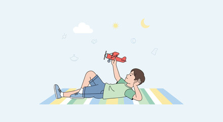 Young Boy Dreams Of Flight While Observing Toy Airplane In A Serene Sky