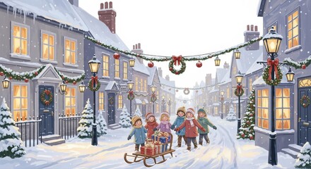 Cozy Winter Village Scene with Children and Sled
