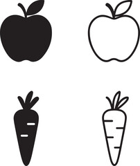 Isolated food icons, solid apple, line apple, carrot icons, filled carrot, thin stroke carrot, minimal black vector, editable healthy eating nutrition design