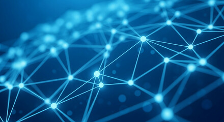 Abstract blue network graphic, glowing nodes connected by lines, representing global communication, connection, and technology, ideal for tech websites or presentations