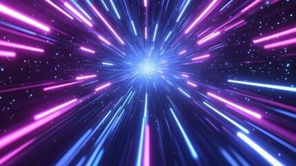 A vibrant, glowing tunnel of radiating pink and blue neon lines creates a dynamic and futuristic effect.