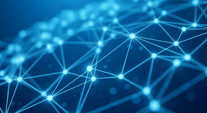 Abstract blue network graphic, glowing nodes connected by lines, representing global communication, connection, and technology, ideal for tech websites or presentations