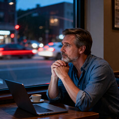 Man sitting at cafe table with laptop and coffee, looking out window