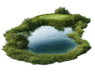 PNG of Serene golf course pond surrounded by lush greenery, reflecting the blue sky and inviting tranquility.