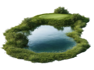 PNG of Serene golf course pond surrounded by lush greenery, reflecting the blue sky and inviting tranquility.