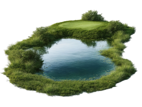 PNG of Serene golf course pond surrounded by lush greenery, reflecting the blue sky and inviting tranquility.