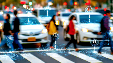 Smart city technology with wireless connectivity symbols over pedestrians and vehicles at a crosswalk