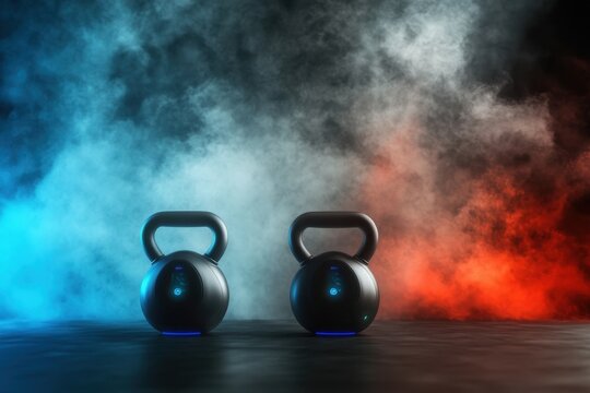 Kettlebells shine against a smoky blue and red backdrop in a fitness session