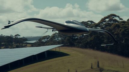 A futuristic flying vehicle glides over a rural landscape with solar panels and trees in the background.