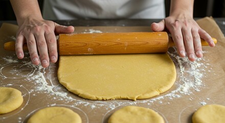 A pair of hands uses a wooden rolling pin to flatten yellow dough on a parchment paper lined surface, with pre-cut dough circles visible.