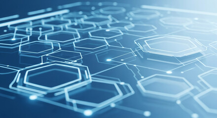 Abstract blue background with glowing hexagonal shapes and connecting lines, suggesting technological network or digital connection, ideal for tech or science concepts