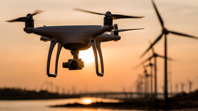 Drone flying near wind turbines at sunset - Powered by Adobe