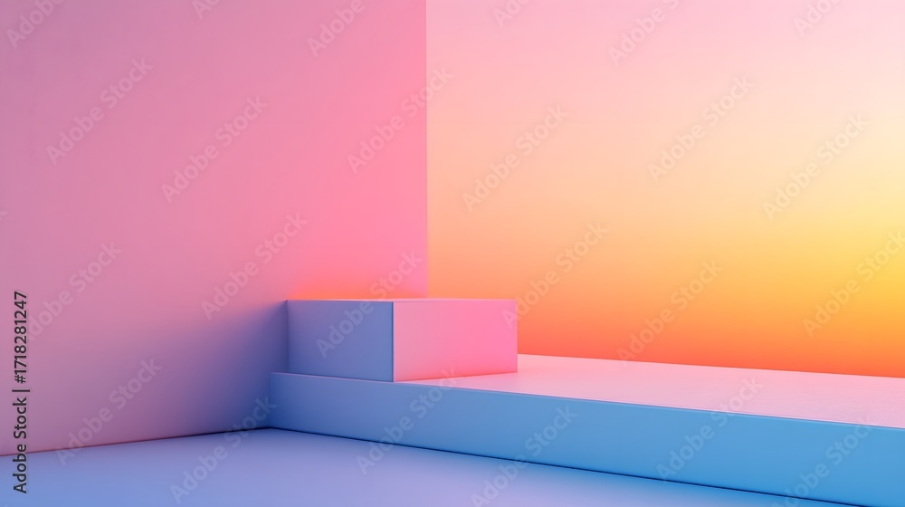 Wall mural pastel-hued, geometric platform display, featuring soft gradient colors and a three-dimensional disp
