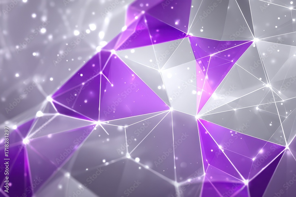 Poster futuristic abstract geometric network with purple glowing lines and connected nodes.