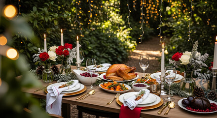 Christmas table setting, new year festive dining outdoors in a garden restaurant, christmas food and decorations, banquet, candles and lights, elegant table layout with fir tree branches and flowers.