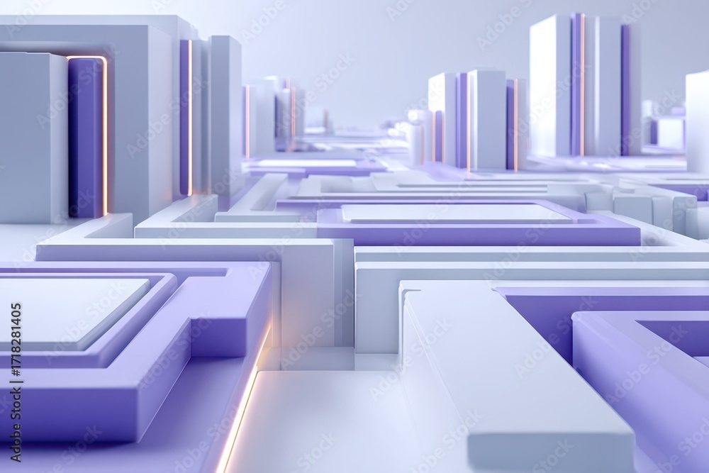 Poster sleek 3d abstract geometric design with illuminated purple and white structures.