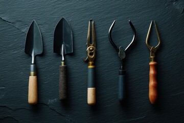 Vintage Gardening Tools on Dark Slate Background: Trowels, Pruning Shears, and Grafting Tool