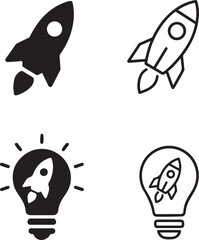 Isolated rocket icons, solid rocket, line rocket, startup idea icons, filled startup, thin stroke startup, minimal black vector, editable business launch innovation design