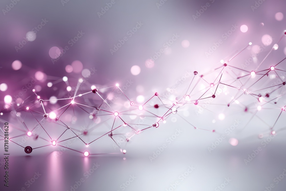 Poster futuristic abstract network of glowing purple nodes illustrating data connectivity.
