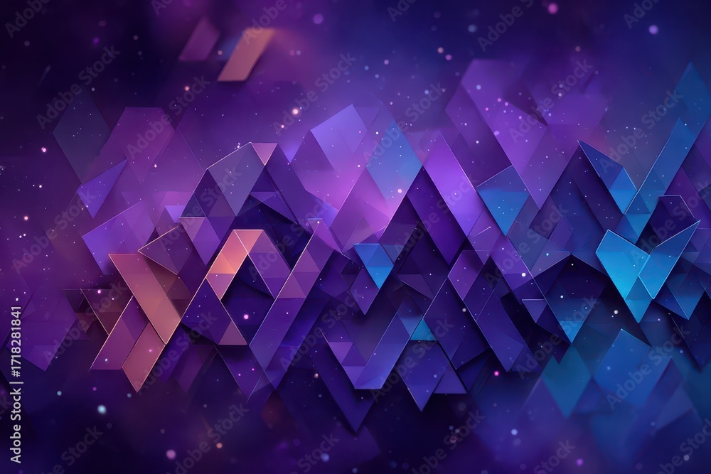 Poster futuristic abstract design with vibrant polygonal shapes and shimmering light particles.