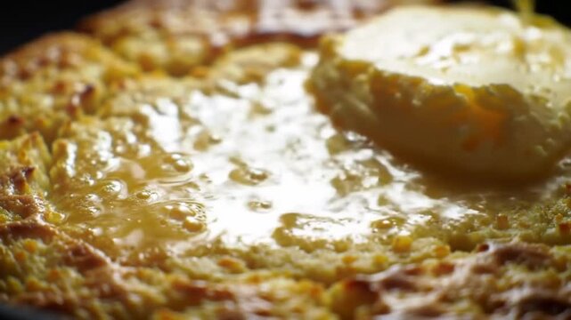 Golden brown cornbread topped with melting butter, served in a rustic kitchen setting