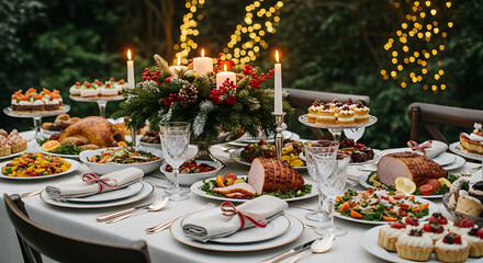 Christmas table setting, new year festive dining outdoors in a garden restaurant, christmas food and decorations, banquet, candles and lights, elegant table layout with fir tree branches and flowers.