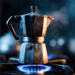 Vintage Moka Pot Brewing Coffee on Gas Stove with Steam Rising