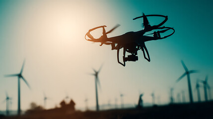 Drone flying in silhouette against a sunset sky with wind turbines in the background