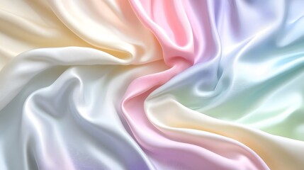 Obraz premium A close-up view of vibrant, flowing satin fabric with soft pastel colors, showcasing smooth, luxurious folds and a delicate texture.