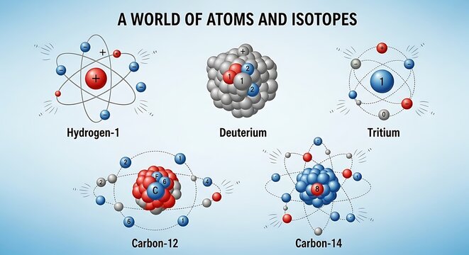 World of Atoms and Isotopes - Hydrogen, Deuterium, Tritium, Carbon.