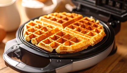 Golden waffles cooking on a waffle iron