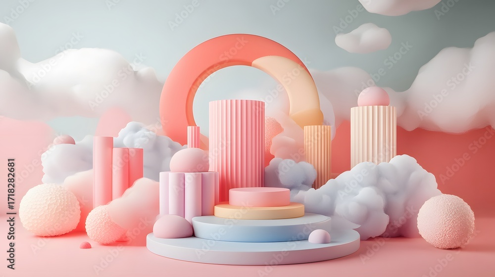 Aufkleber pastel-colored geometric shapes and clouds create a whimsical and playful display.