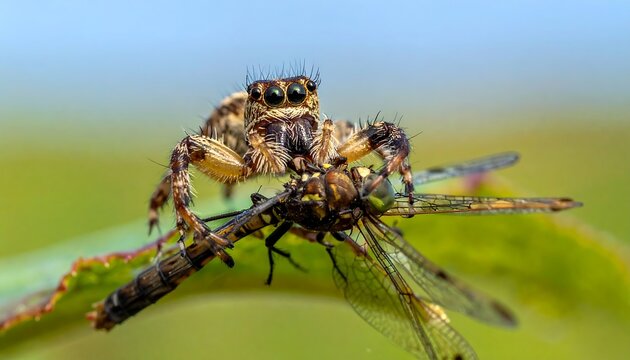 A jumping spider subdues a dragonfly - Powered by Adobe