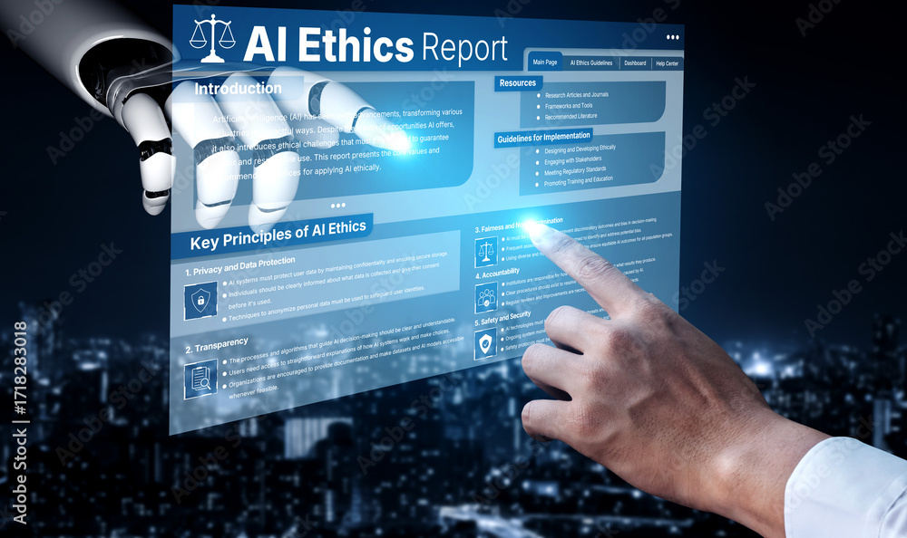 Poster ai ethics ensures fairness, transparency, and responsibility in intelligent systems, guiding safe an