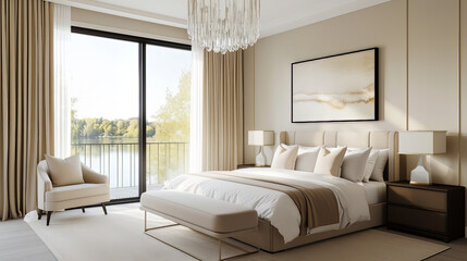 Luxurious Beige Bedroom Interior with Lake View