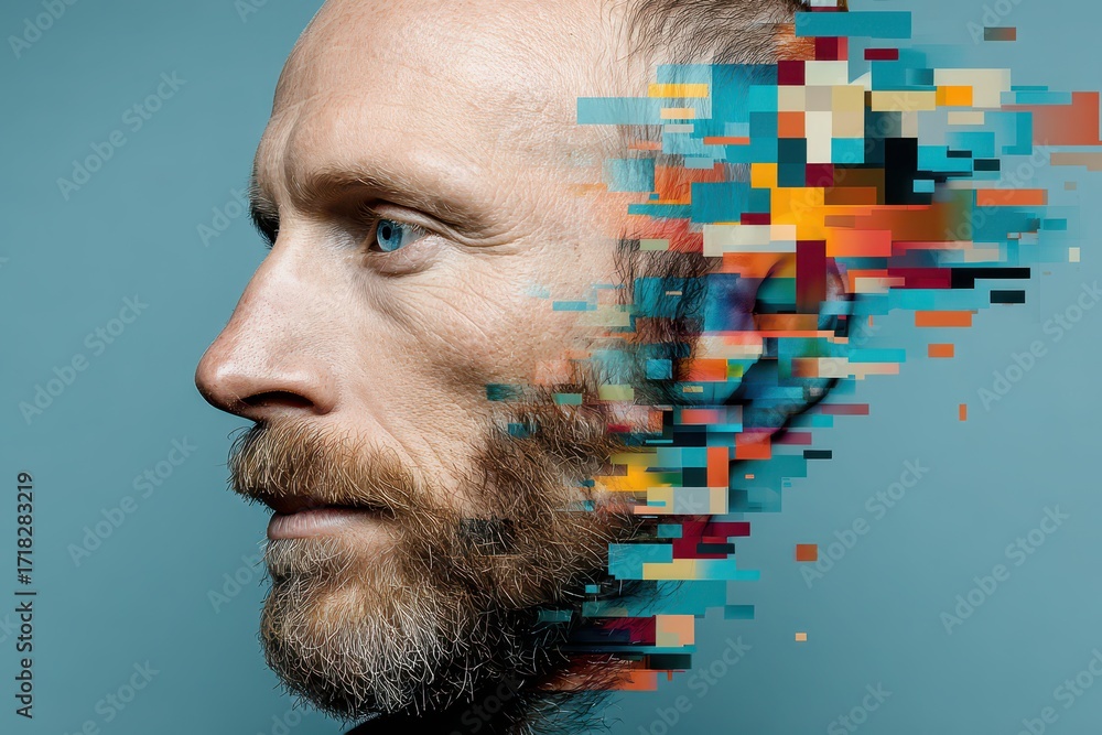 Aufkleber a man's profile image digitally dissolving into vibrant abstract data blocks.