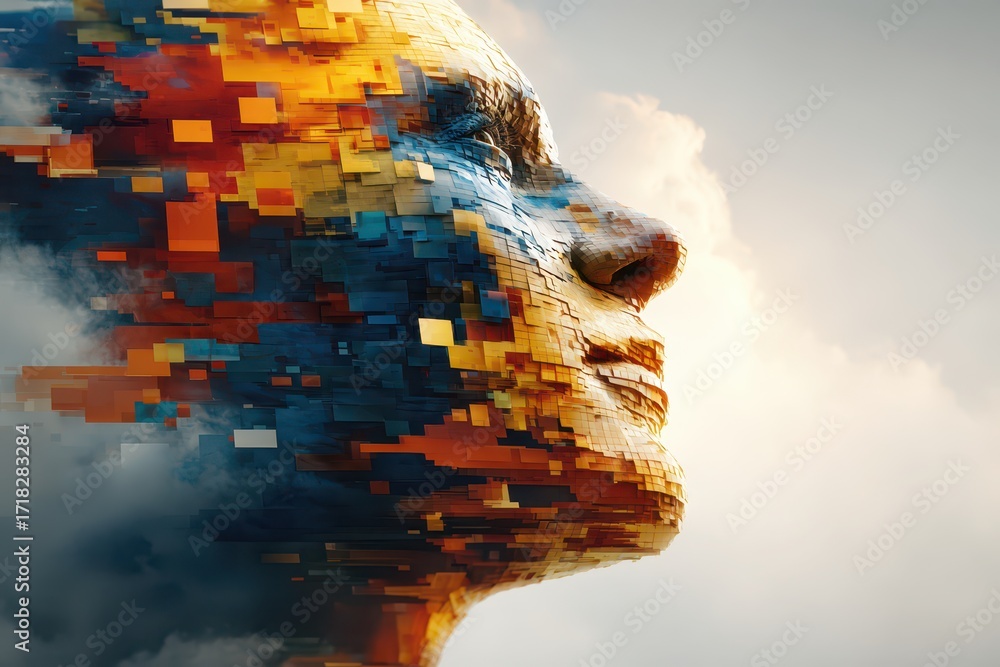 Poster digital abstract human profile made of colorful pixels merging into sky.