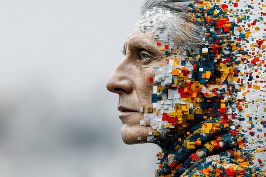 A senior man's profile pixelating into vibrant colorful abstract data blocks.