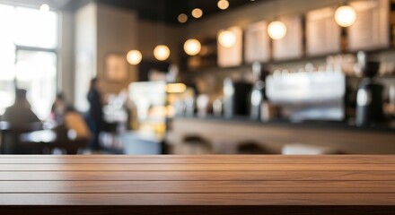 Dark wooden plank table in foreground Blurred cafe interior features patrons counter equipment menu boards and glowing lights in the background