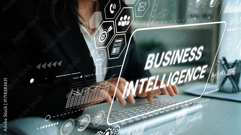 Poster business intelligence concept with modern technology and data analysis tools on computer screen for 