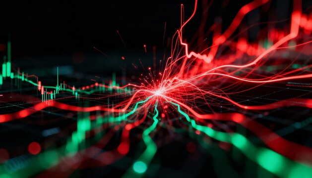 Abstract light trails depict dynamic market volatility, showcasing fluctuating financial data with red and green energy bursts.