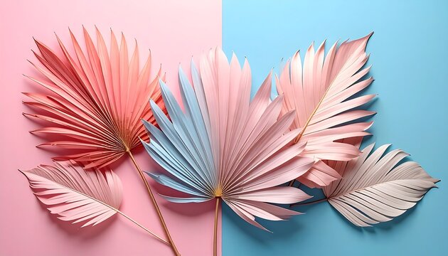 Pastel palm leaves on a color split background