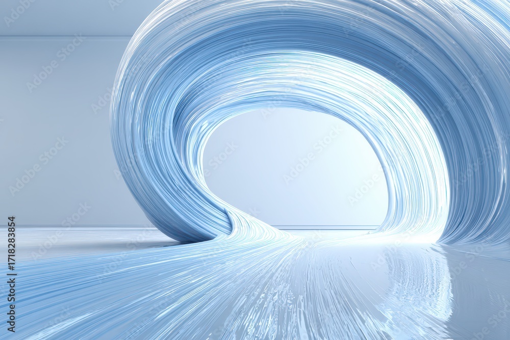 Poster abstract blue flowing lines creating a wave on a smooth reflective surface.