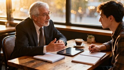 Elderly mentor imparts wisdom to a younger colleague during a coffee shop meeting.