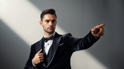 Portrait of cheerful excited joyful satisfied handsome attractive businessman guy dressed in formal outfit dark velvet pointing on empty blank copyspace isolated on gray background copy-space