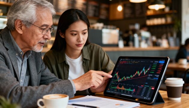 Two people in a cafe, examining a financial chart on a tablet.
