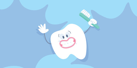 Cartoon tooth - A smiling tooth holding a toothbrush illustration vector design. Dental care concept.