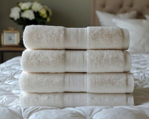 Stack of white towels on a bed